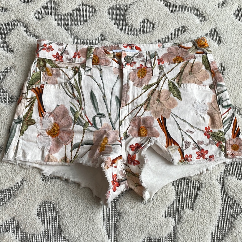 7 For All Mankind Floral Jean Shorts - White And Pink